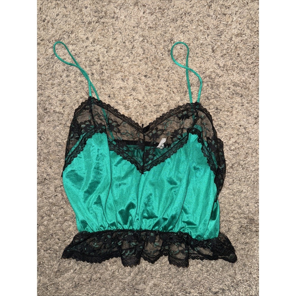 Women's Teal Satin Black Lace Lingerie Camisole Crop Top Spaghetti Strap